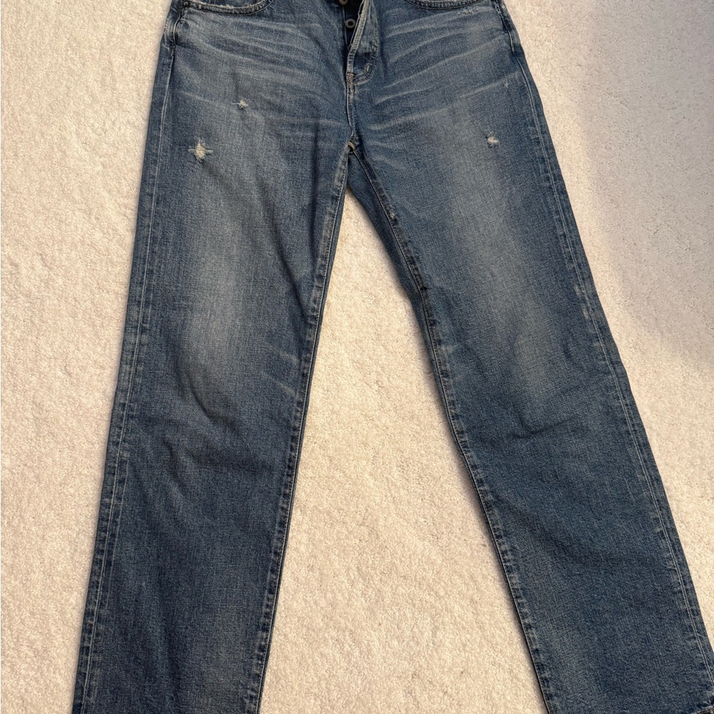 Moussy Straight Leg Blue Jeans with Distressed Details